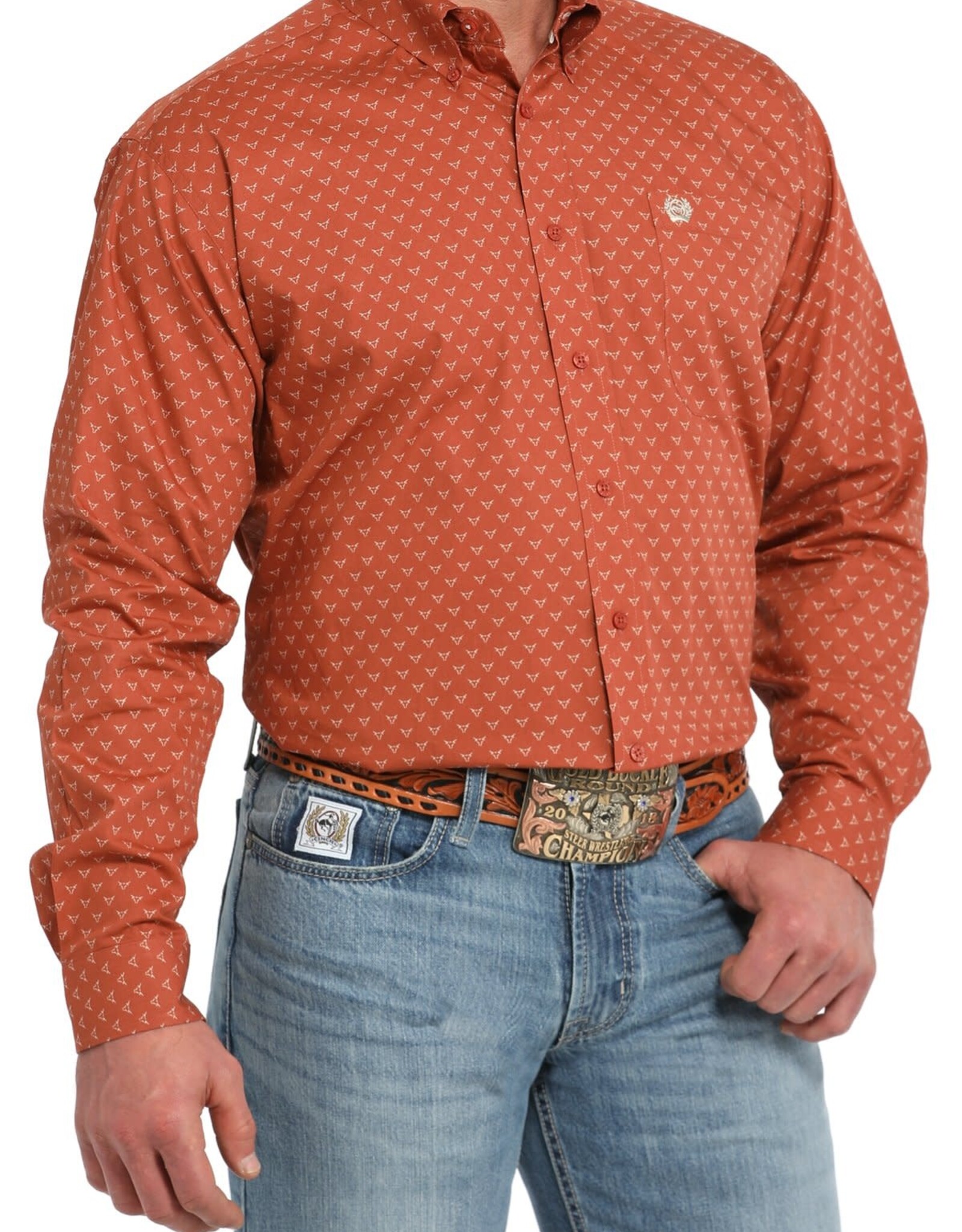 Cinch Mens Cinch Burnt Orange Steer Head Print Long Sleeve Western Button Arena Shirt ~ XS-3X
