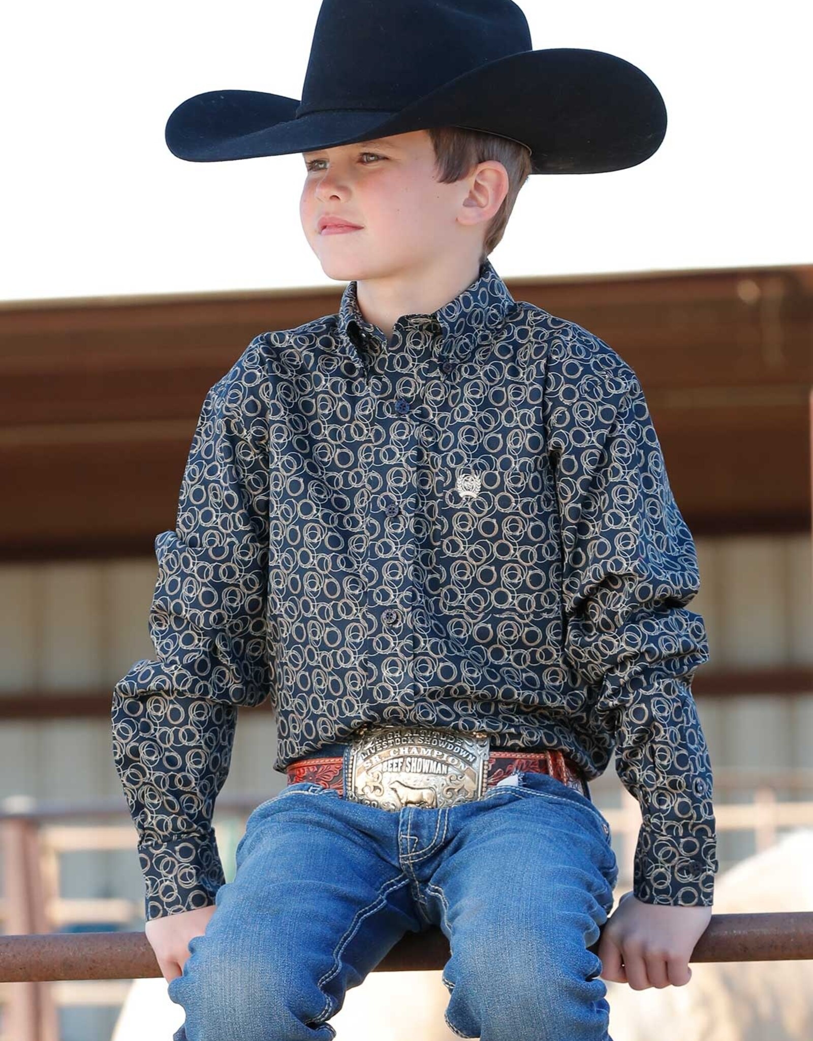 Cinch Boys Cinch Navy Lariat Rope Print Long Sleeve Button Western Shirt