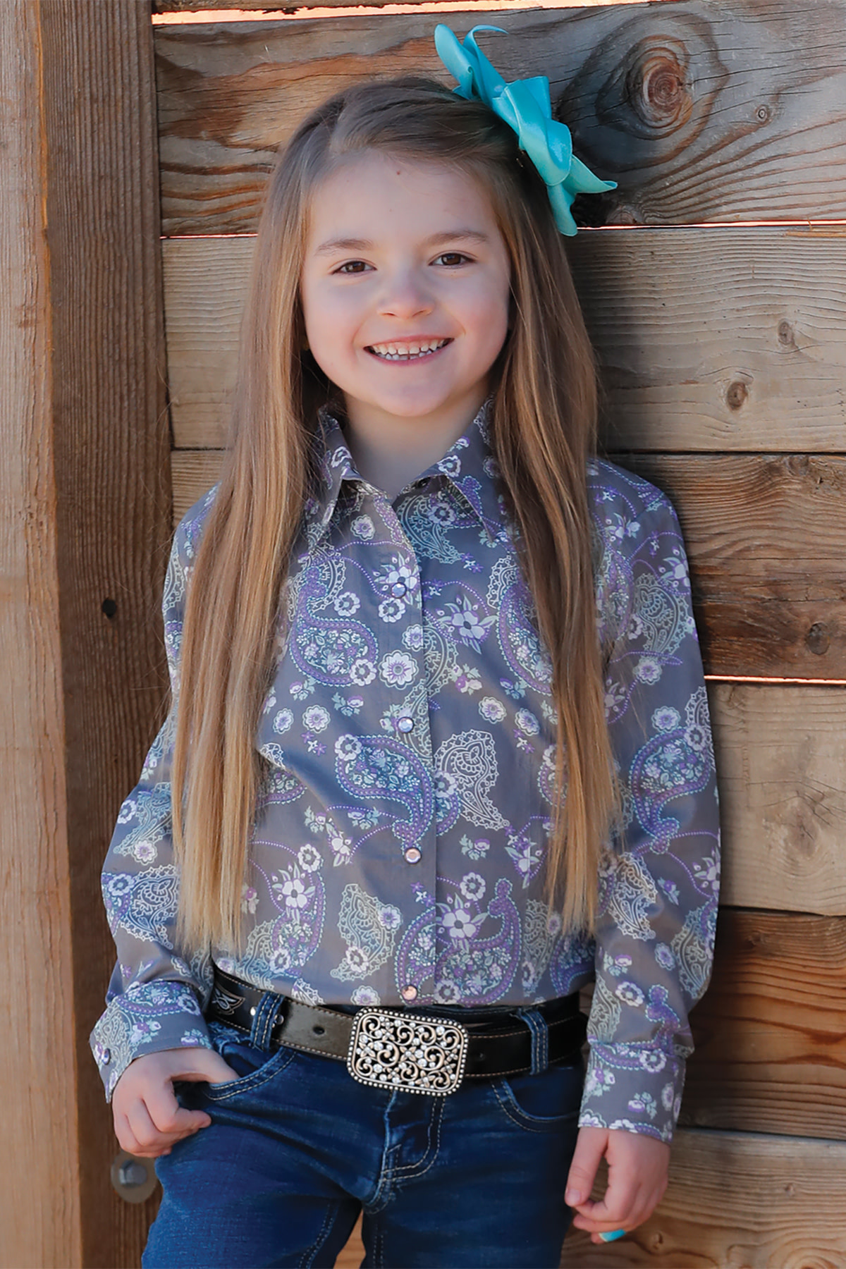 Cruel Girls Grey Lilac Paisley Long Sleeve Western Sparkle Snap