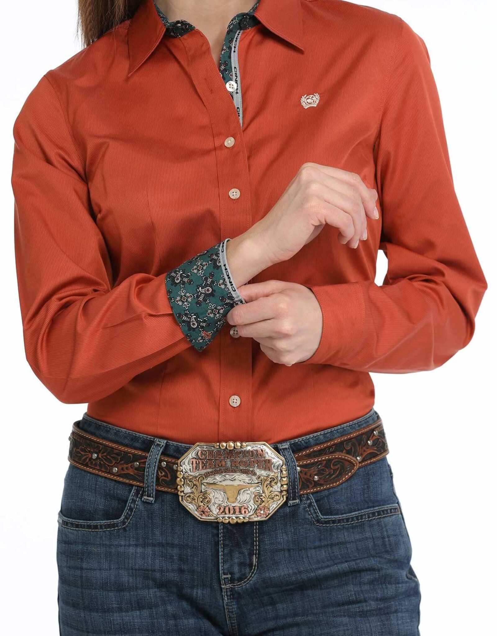 Cinch Womens Cinch Copper Tencel Micro Stripe Long Sleeve Button Western Arena Shirt