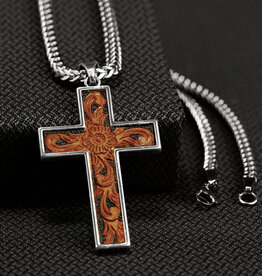 Mens Tooled Leather Inlay Cross Necklace