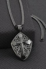 Mens 24" Gun Metal Finished Engraved Shield Cross Necklace