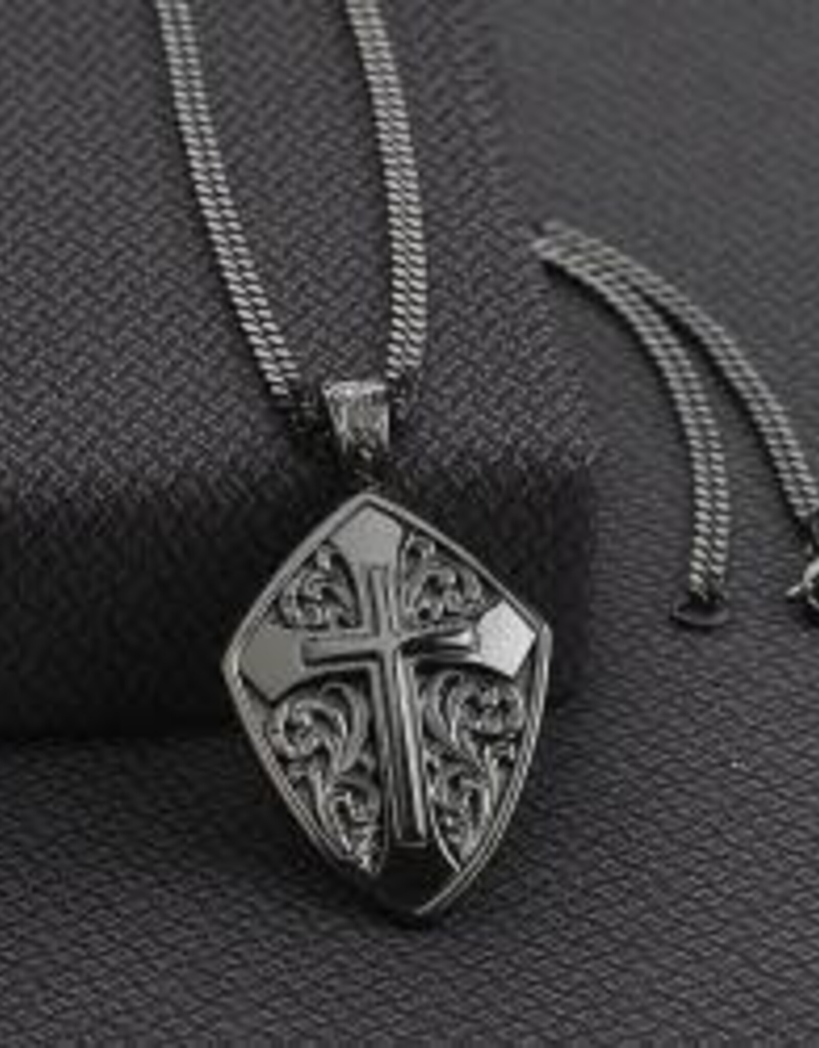 Mens 24" Gun Metal Finished Engraved Shield Cross Necklace