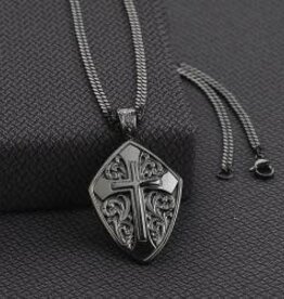 Mens 24" Gun Metal Finished Engraved Shield Cross Necklace
