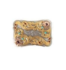 Belt Buckle Rectangle Silver Gold with Stone Accents