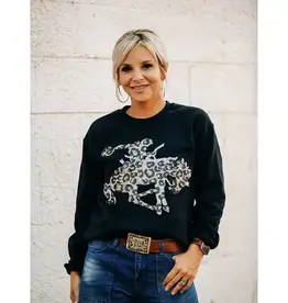 Crazy Consuela Womens Black Leopard Sequin Bucking Horse Crew Neck Sweatshirt