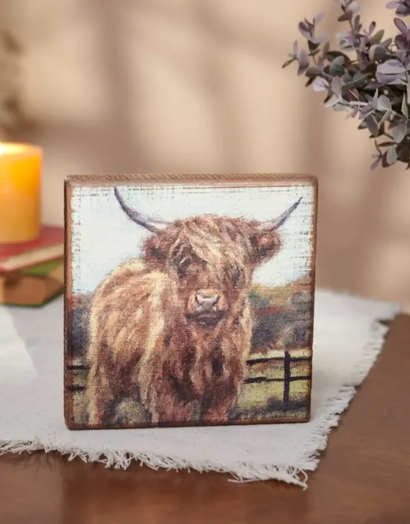 Primatives By Kathy Fall Highland Cow Wooden Block Sign