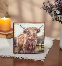 Primatives By Kathy Fall Highland Cow Wooden Block Sign