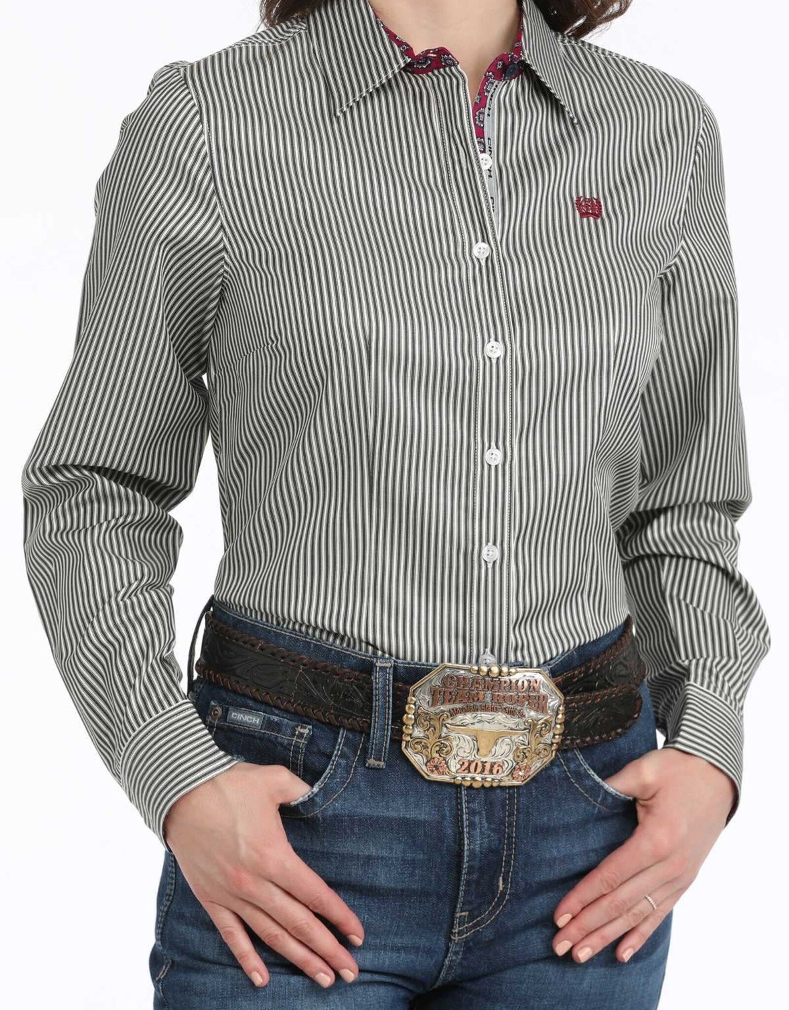 Cinch Womens Cinch Black and White Tencel Stripe Long Sleeve Button Western Arena Shirt