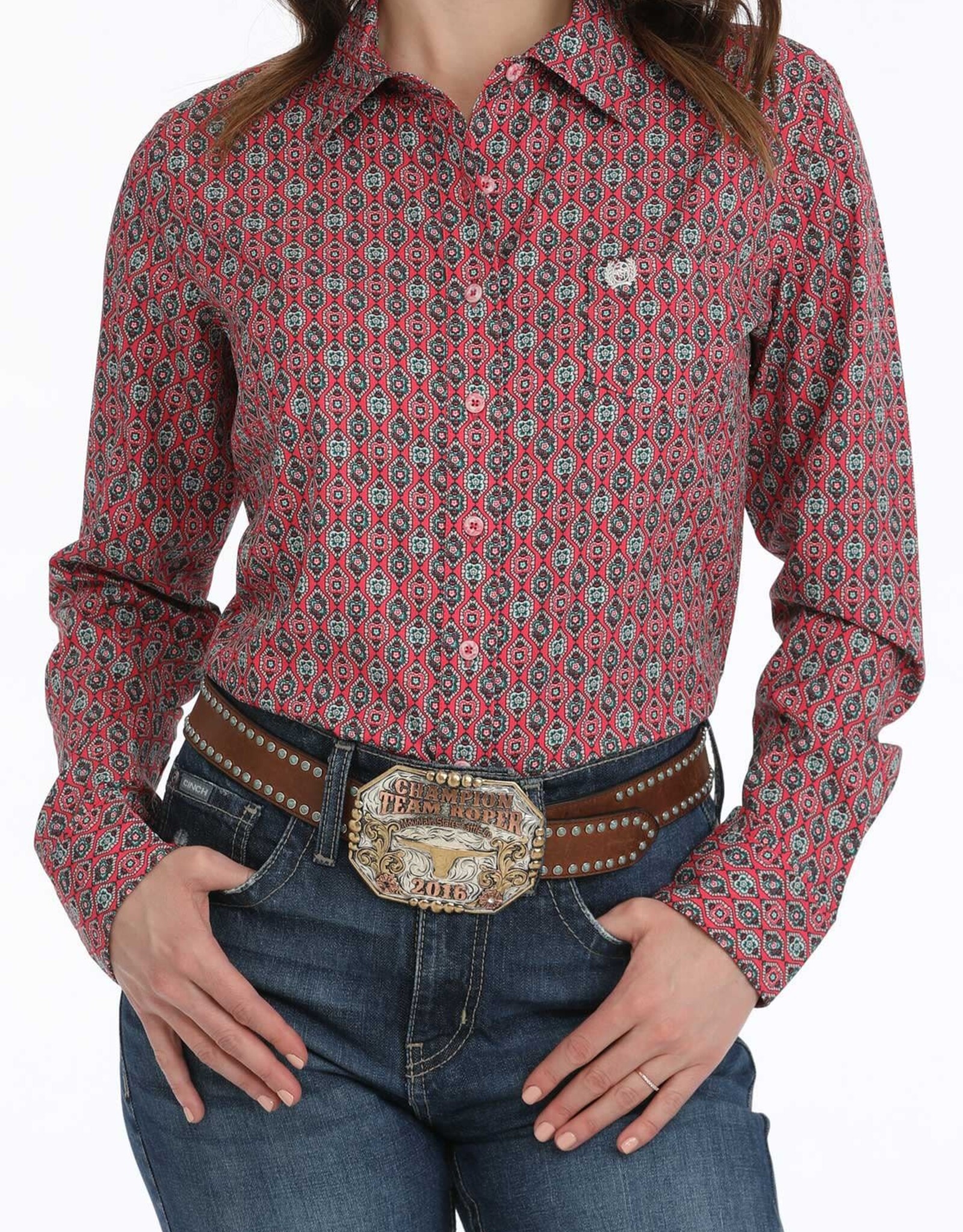Cinch Womens Cinch Pink Geo Print Arena Flex Long Sleeve Button Western Shirt