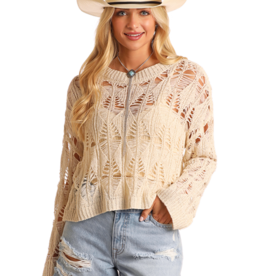 Womens Rock N Roll Open Knit Cream Long Sleeve  Sweater