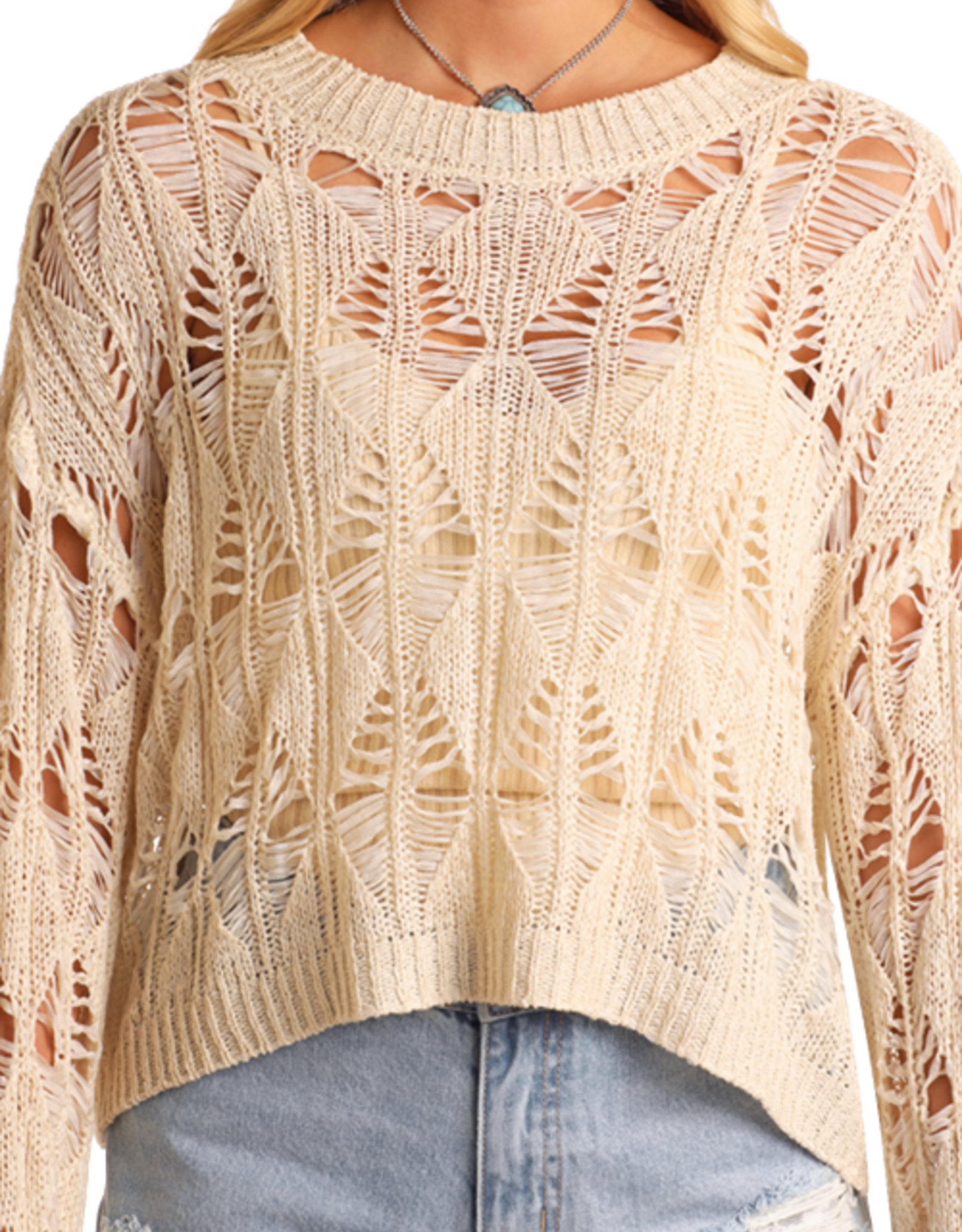 Womens Rock N Roll Open Knit Cream Long Sleeve  Sweater