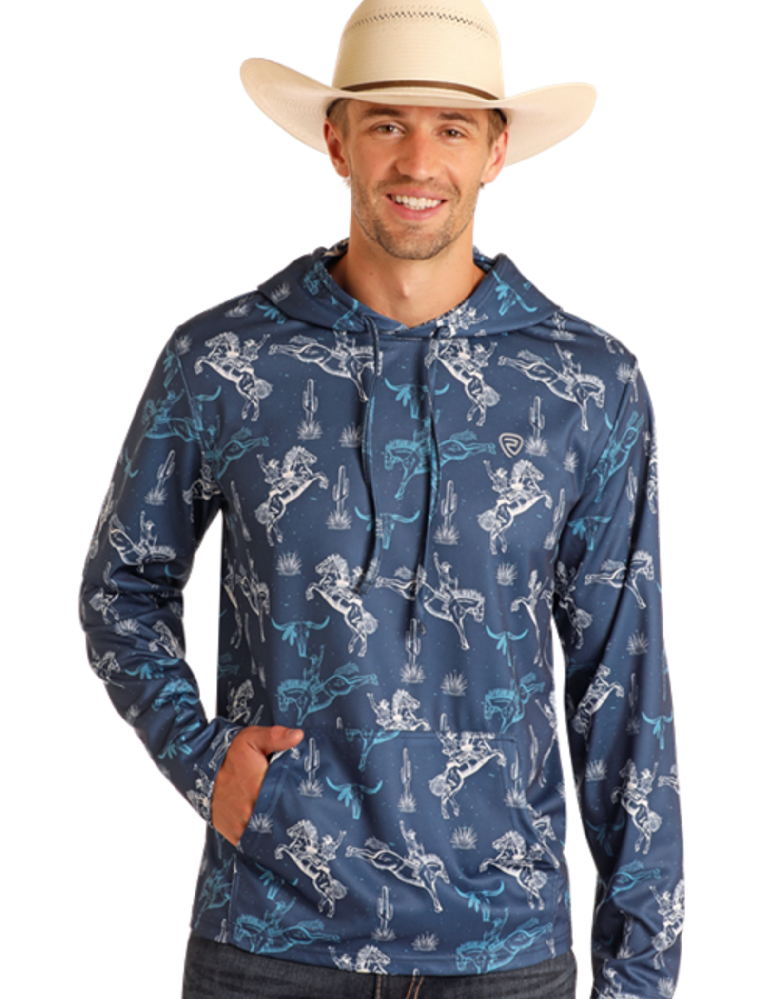 Mens Rock & Roll Navy Western Print Performance Hoodie