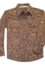 Cowboy Hardware Boys Tooled Leather Print Western Long Sleeve Retro Snap Shirt