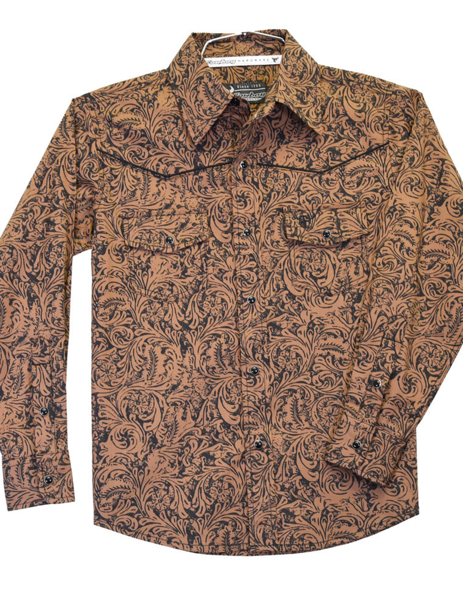 Cowboy Hardware Boys Tooled Leather Print Western Long Sleeve Retro Snap Shirt