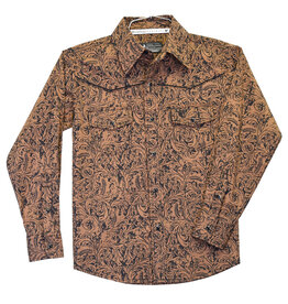 Cowboy Hardware Boys Tooled Leather Print Western Long Sleeve Retro Snap Shirt