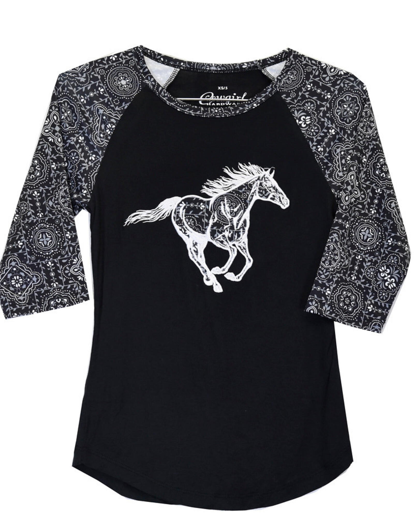 Cowgirl Hardware Girls Black Bandana Horse 3/4 Sleeve Shirt