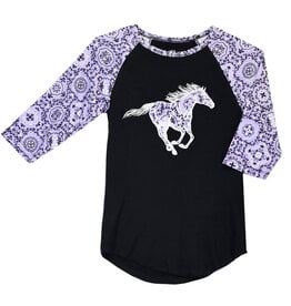 Cowgirl Hardware Girls Black Purple Bandana Horse 3/4 Sleeve Shirt