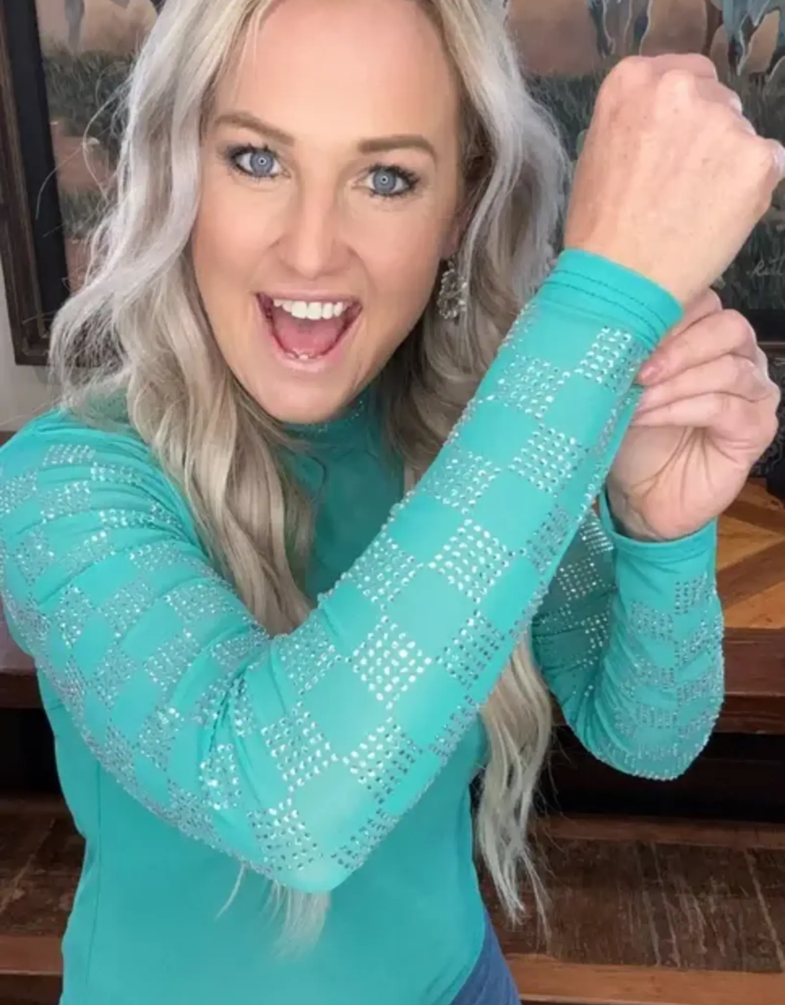 Womens Turquoise Sparkle Checked Long Sleeve Mesh Shirt