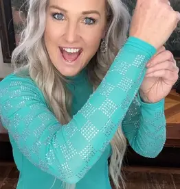 Womens Turquoise Sparkle Checked Long Sleeve Mesh Shirt
