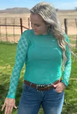 Womens Turquoise Sparkle Checked Long Sleeve Mesh Shirt
