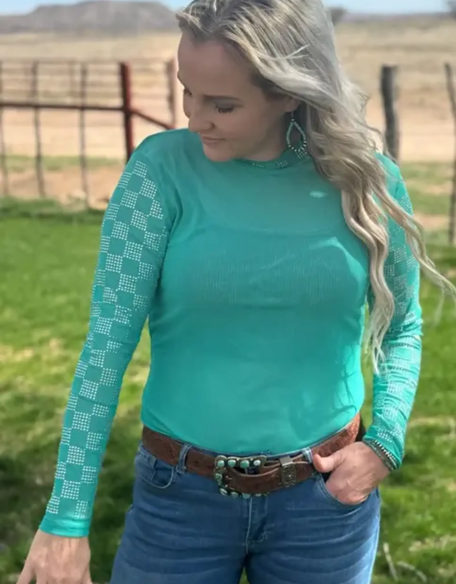 Womens Turquoise Sparkle Checked Long Sleeve Mesh Shirt