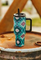 40oz Teal Aztec Insulated Tumbler With Handle And Straw