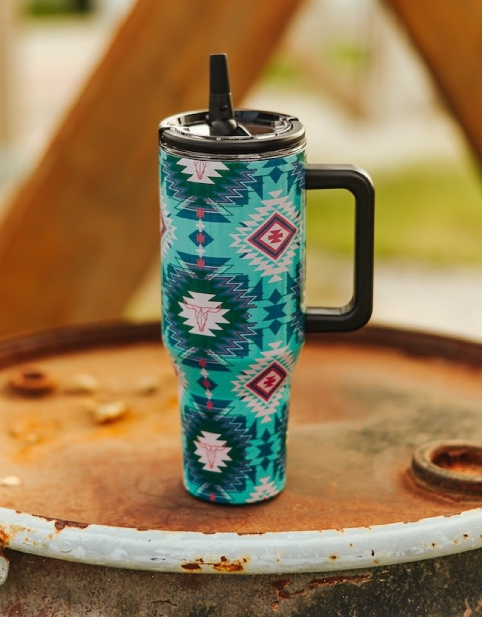 40oz Teal Aztec Insulated Tumbler With Handle And Straw