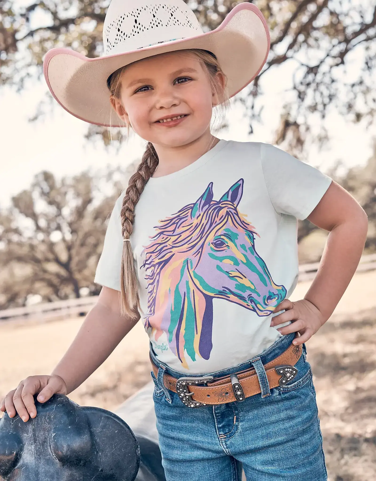 Girls Wrangler Light Green Horse Head Graphic Short Sleeve T Shirt