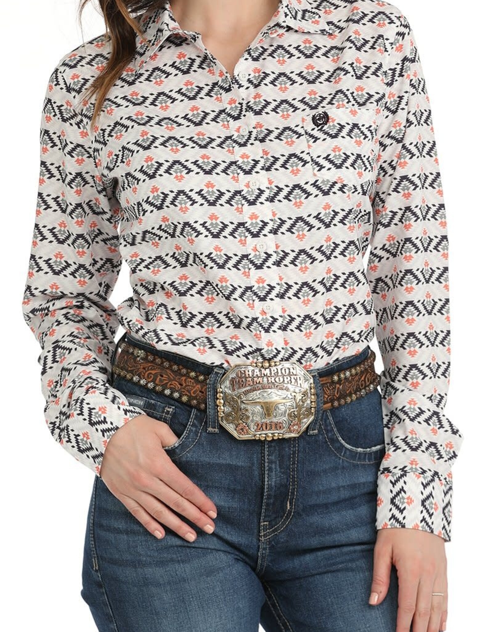 Cinch Womens Cinch White Aztec Arena Flex Long Sleeve Button Western Shirt