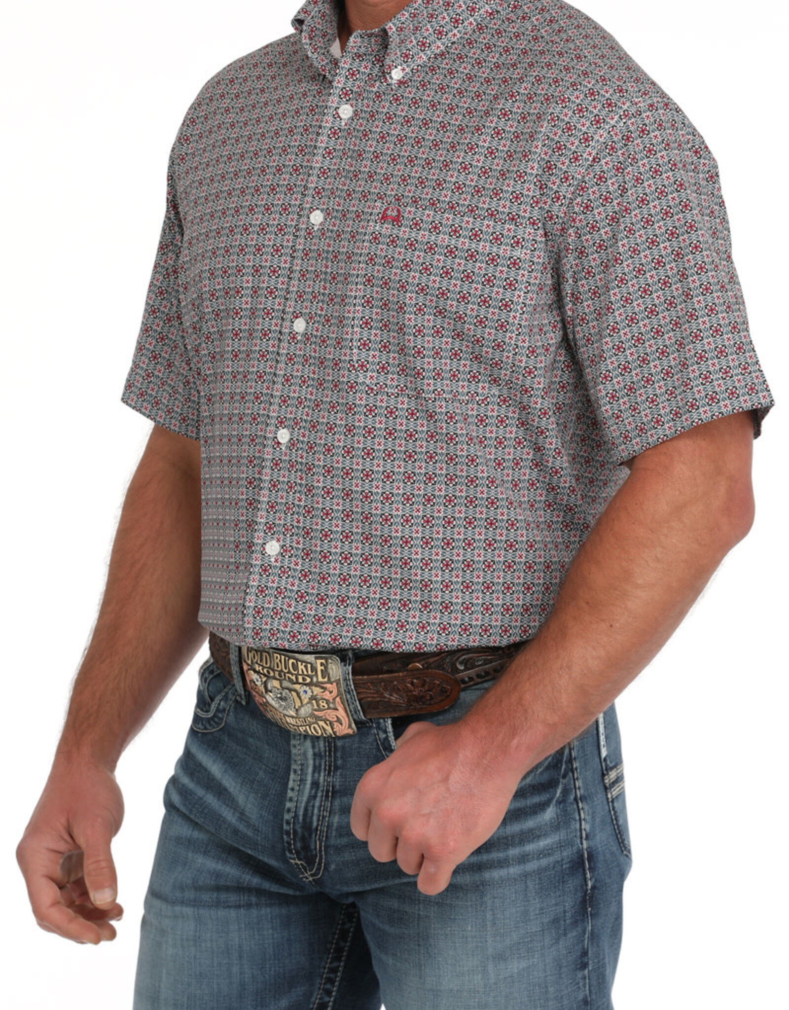Cinch Mens Cinch White Rose Geo Print Short Sleeve Arena Flex Western Button Shirt