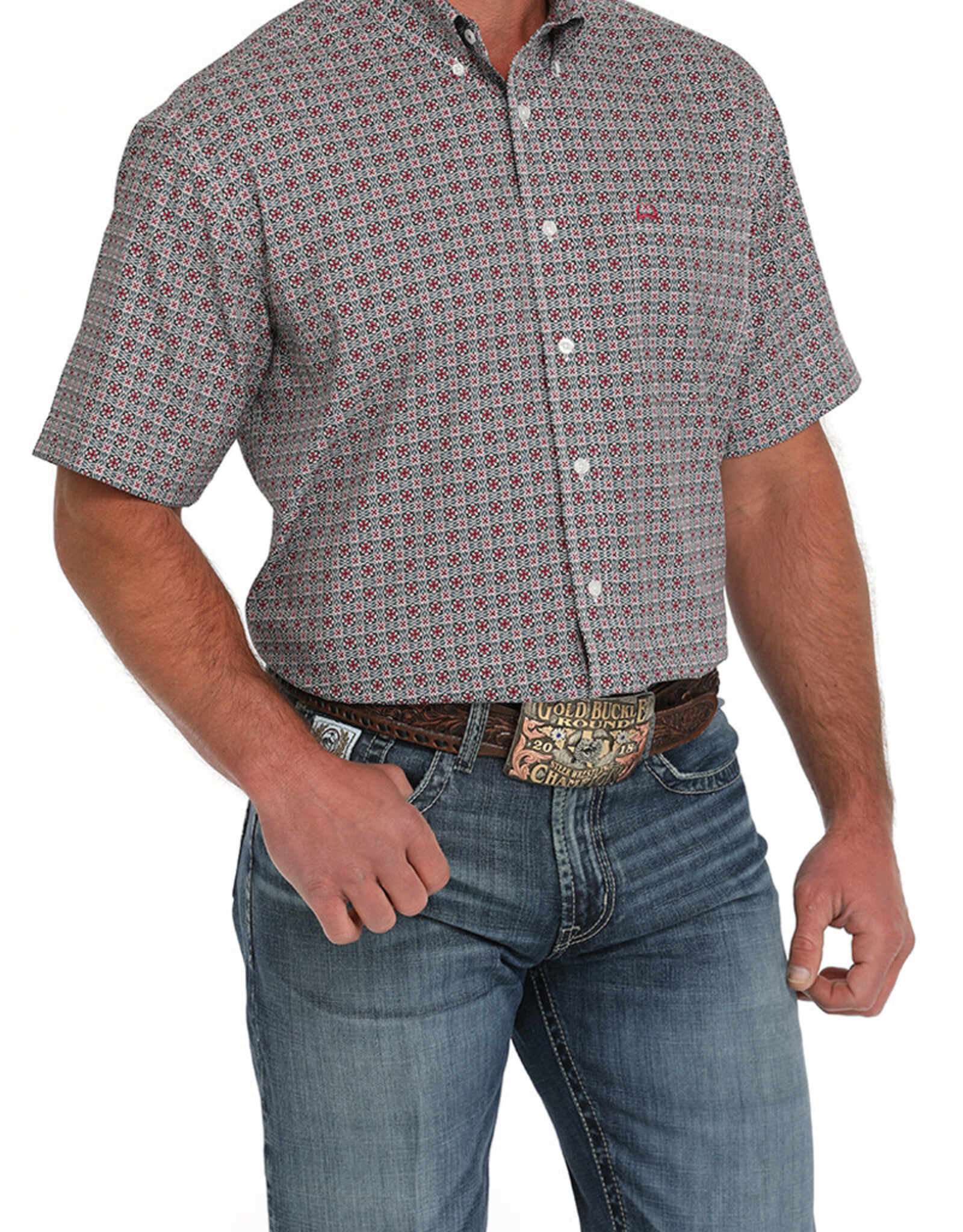 Cinch Mens Cinch White Rose Geo Print Short Sleeve Arena Flex Western Button Shirt