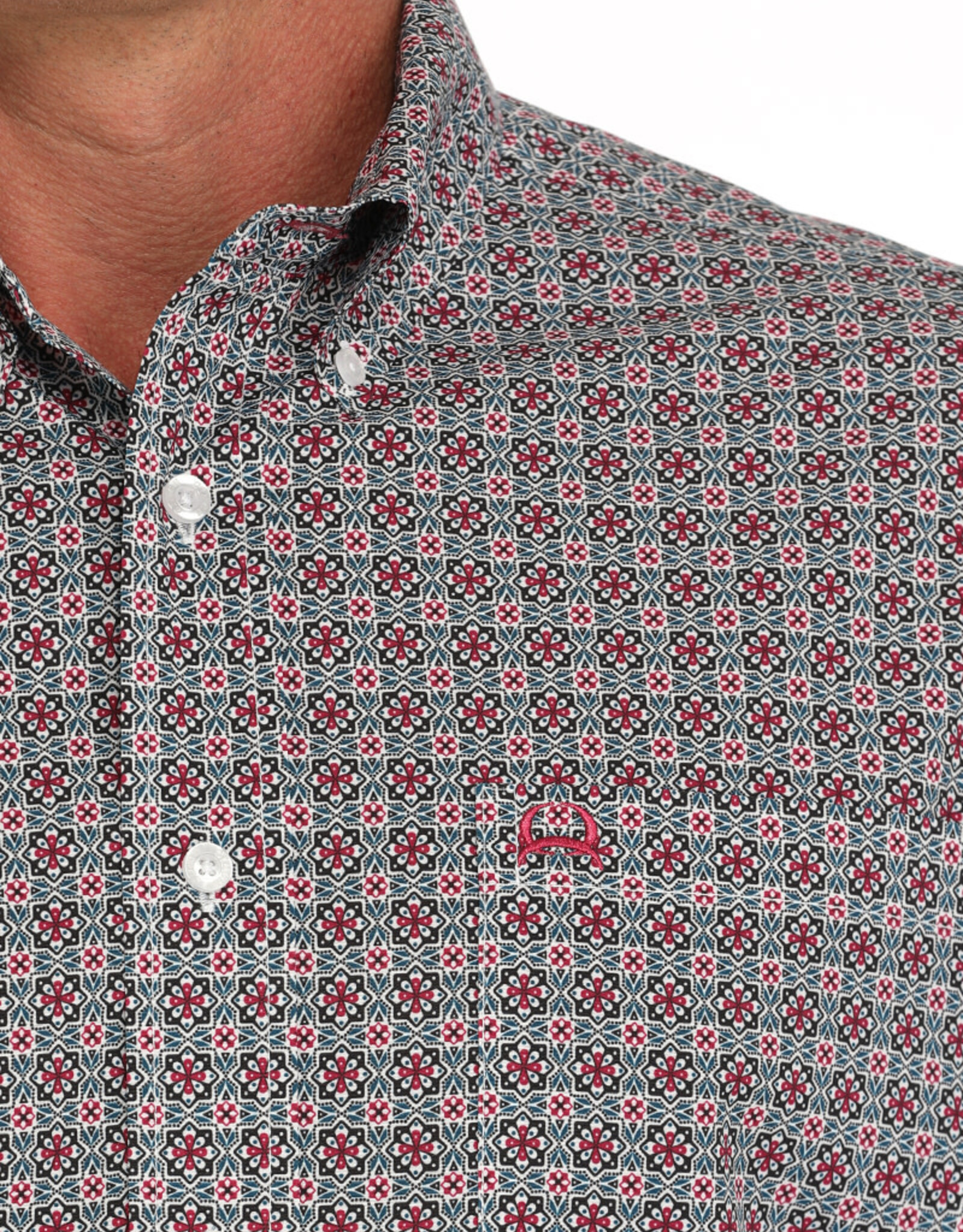 Cinch Mens Cinch White Rose Geo Print Short Sleeve Arena Flex Western Button Shirt