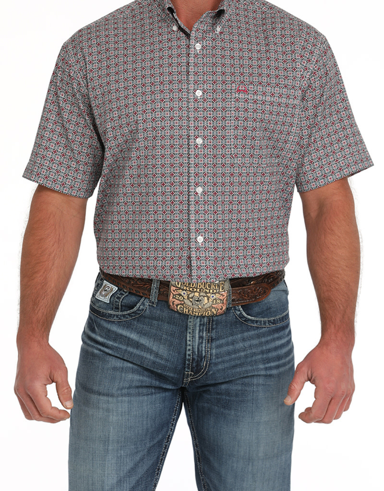 Cinch Mens Cinch White Rose Geo Print Short Sleeve Arena Flex Western Button Shirt