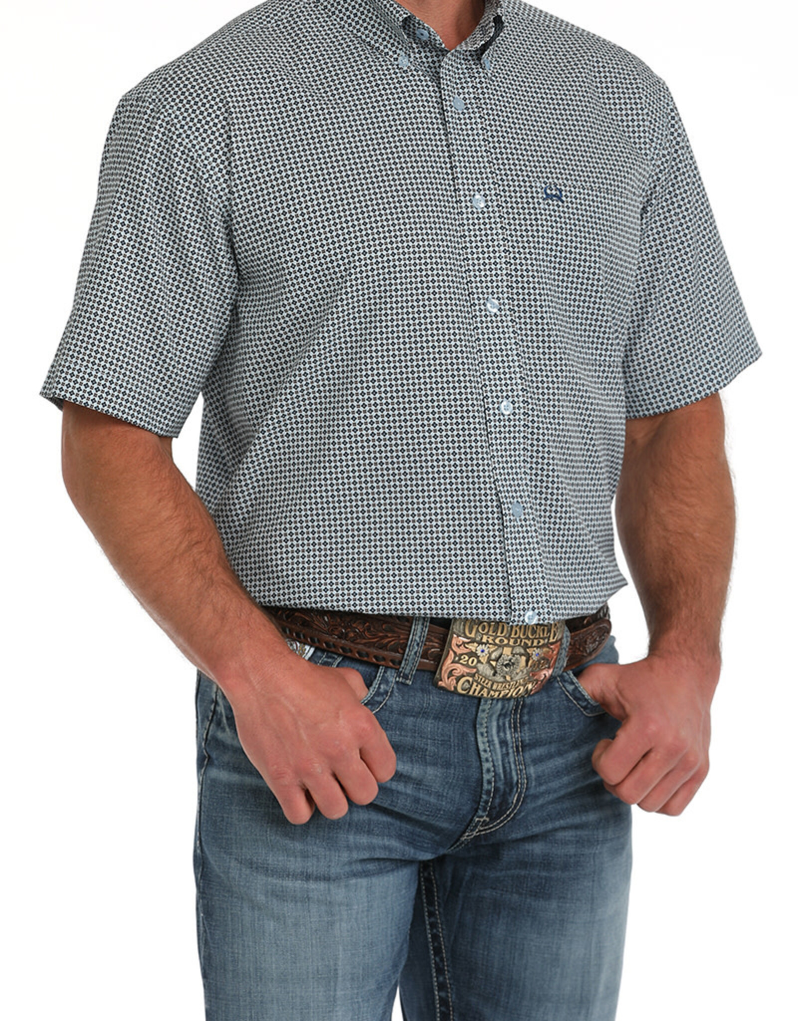 Cinch Mens Cinch Light Blue Geo Print Short Sleeve Arena Flex Western Button Shirt