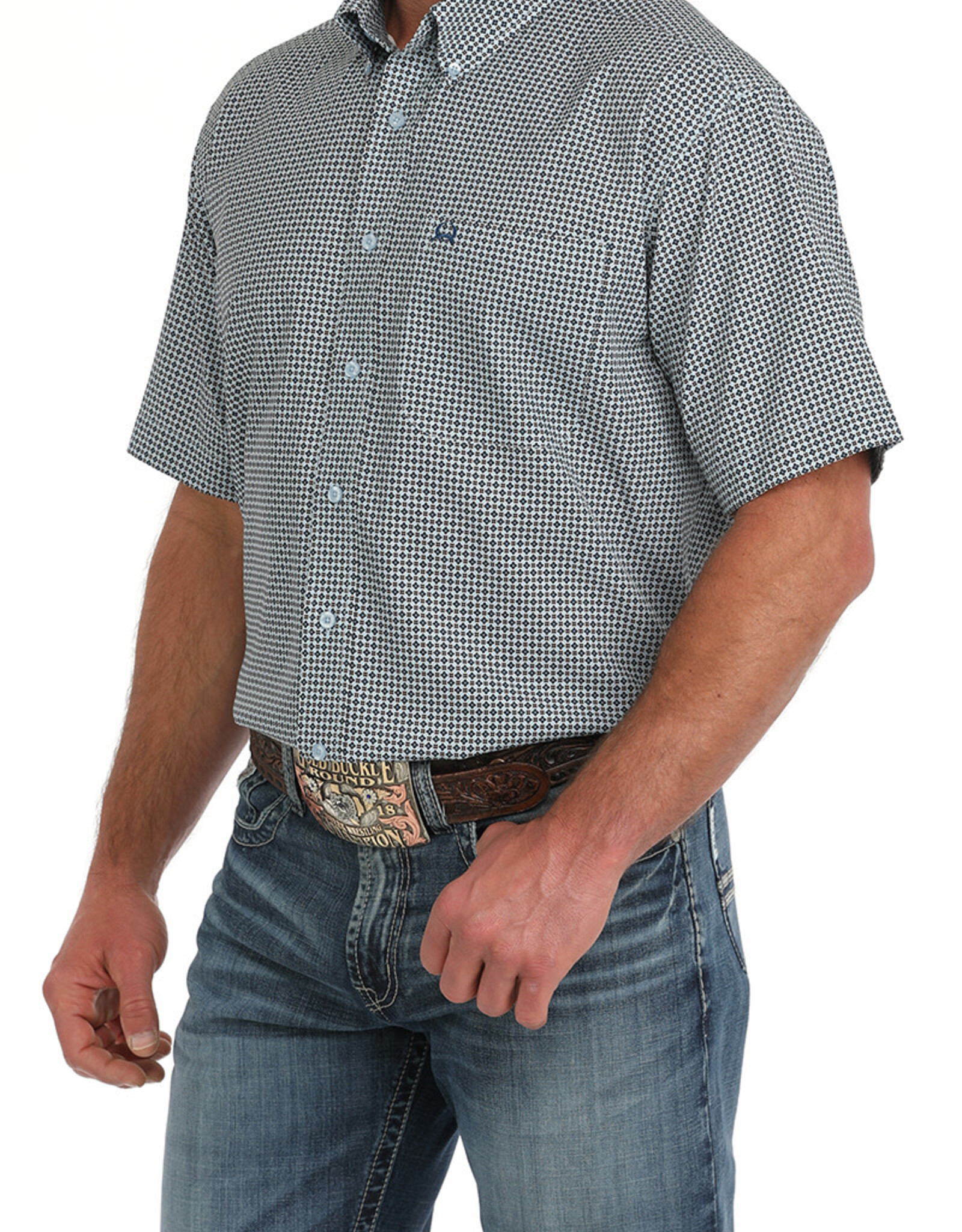 Cinch Mens Cinch Light Blue Geo Print Short Sleeve Arena Flex Western Button Shirt
