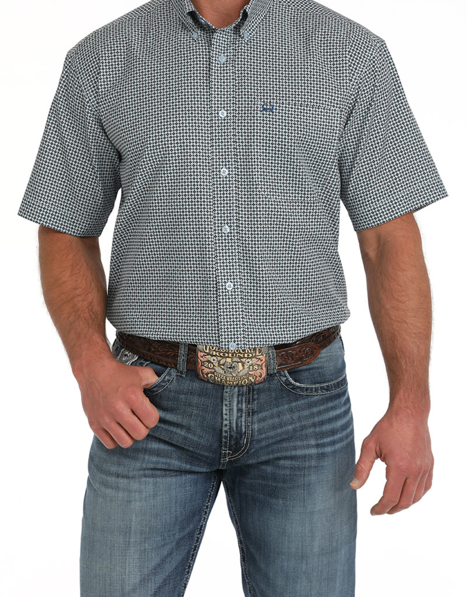 Cinch Mens Cinch Light Blue Geo Print Short Sleeve Arena Flex Western Button Shirt