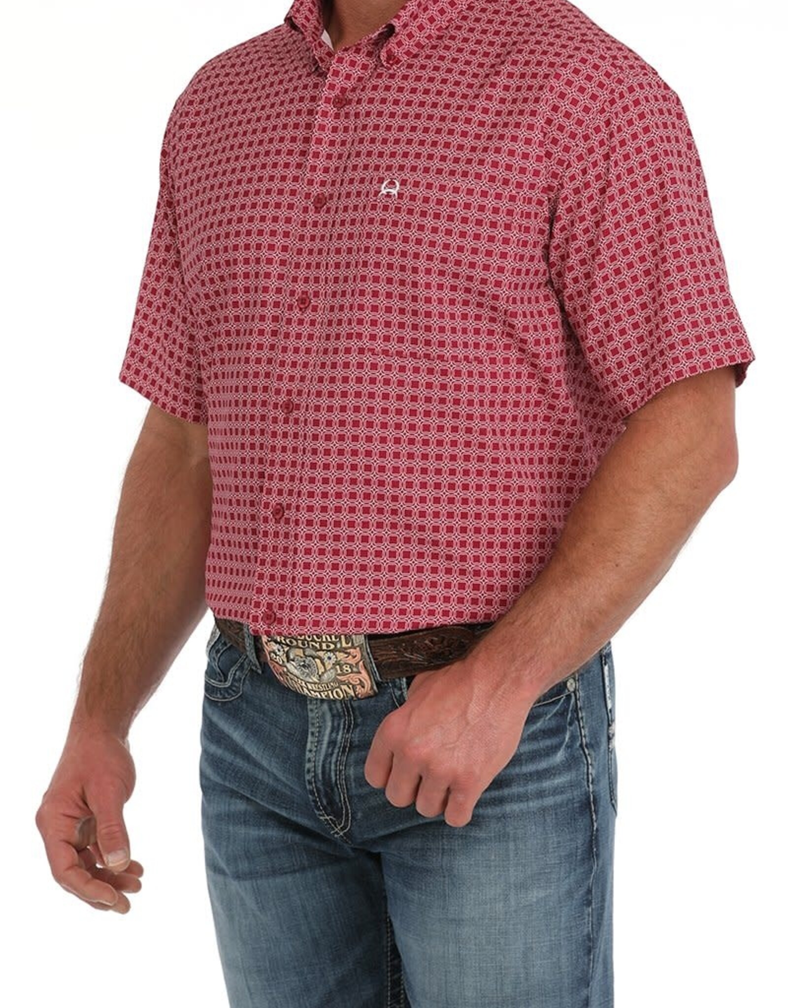 Cinch Mens Cinch Pink Geo Print Short Sleeve Arena Flex Western Button Shirt