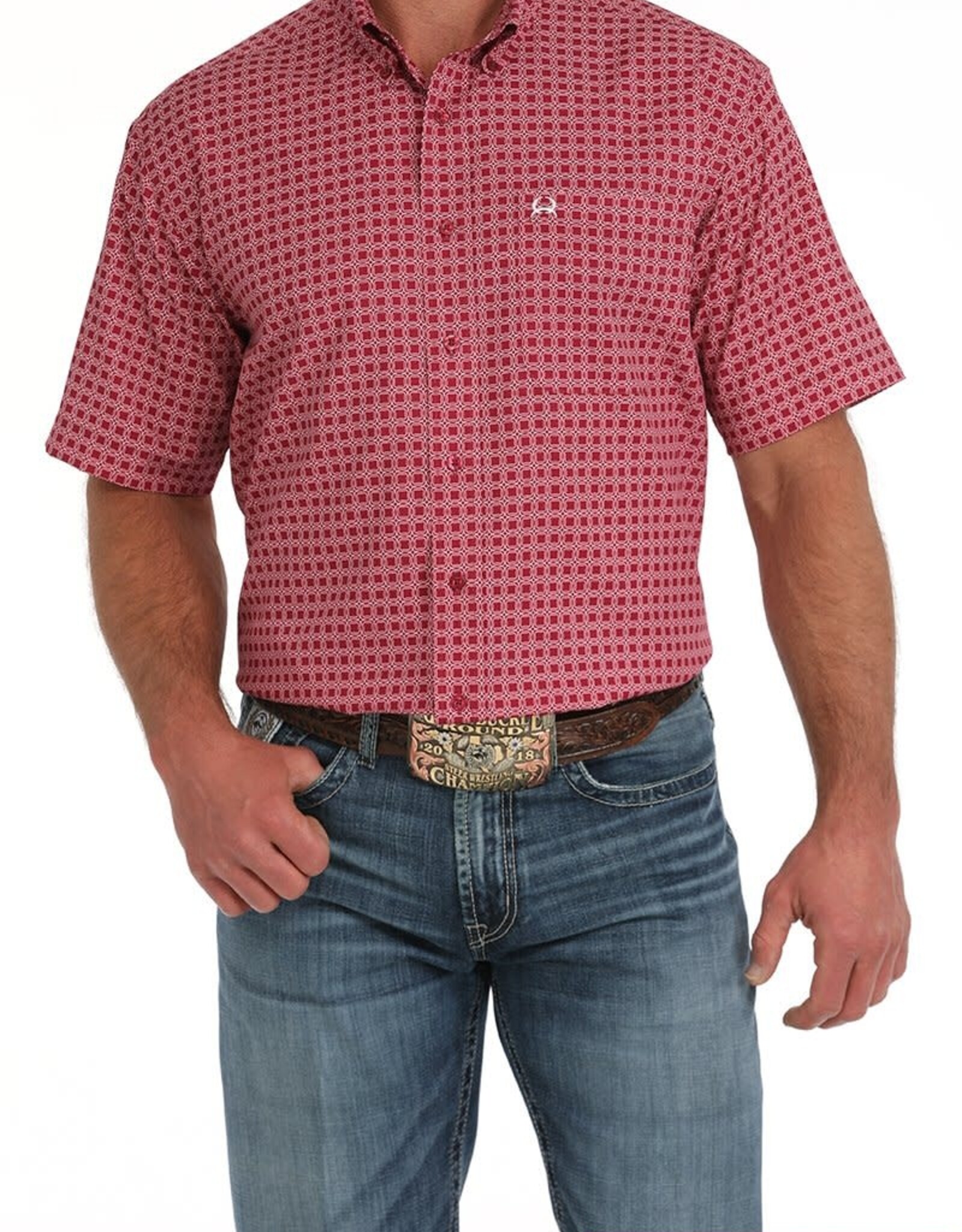 Cinch Mens Cinch Pink Geo Print Short Sleeve Arena Flex Western Button Shirt