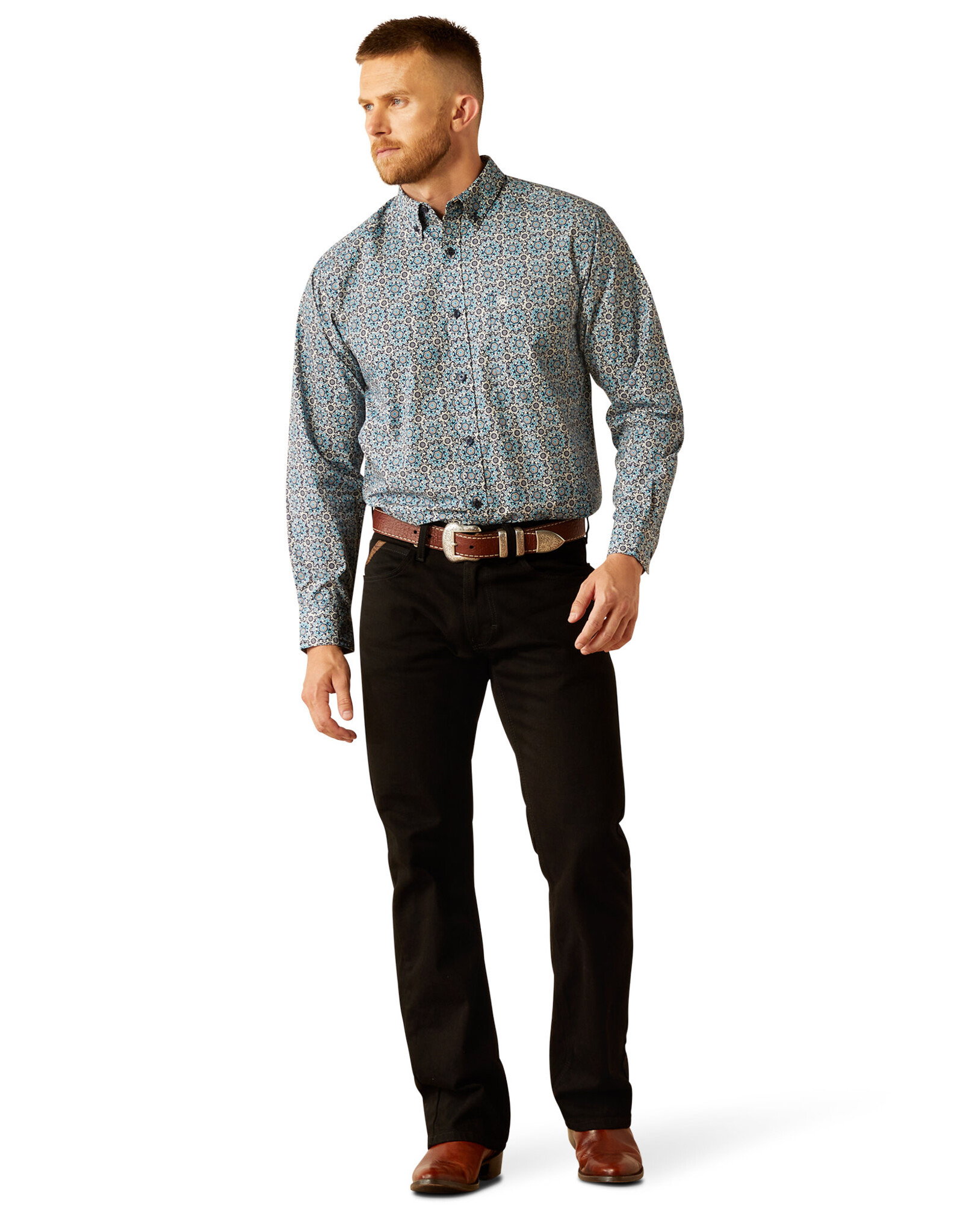 Ariat Ariat Mens Teal Blue Santiago Medallion Long Sleeve Button Western Shirt