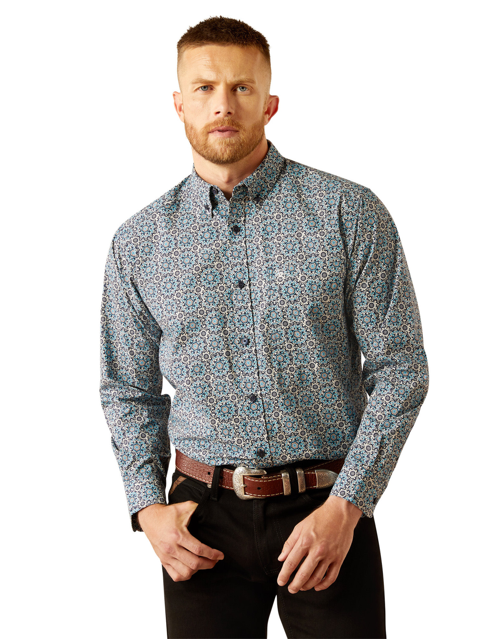 Ariat Ariat Mens Teal Blue Santiago Medallion Long Sleeve Button Western Shirt