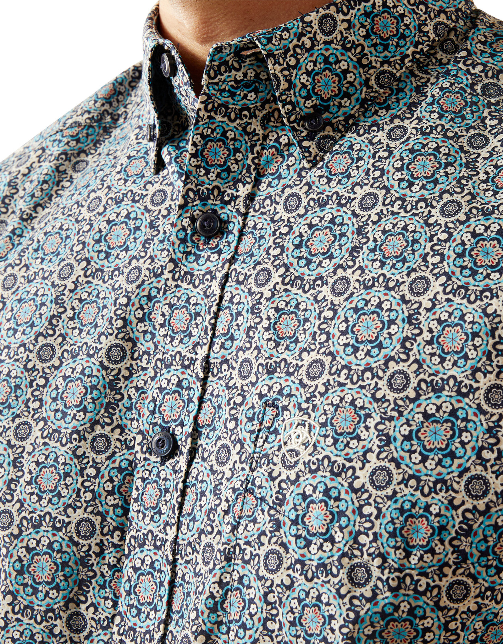 Ariat Ariat Mens Teal Blue Santiago Medallion Long Sleeve Button Western Shirt