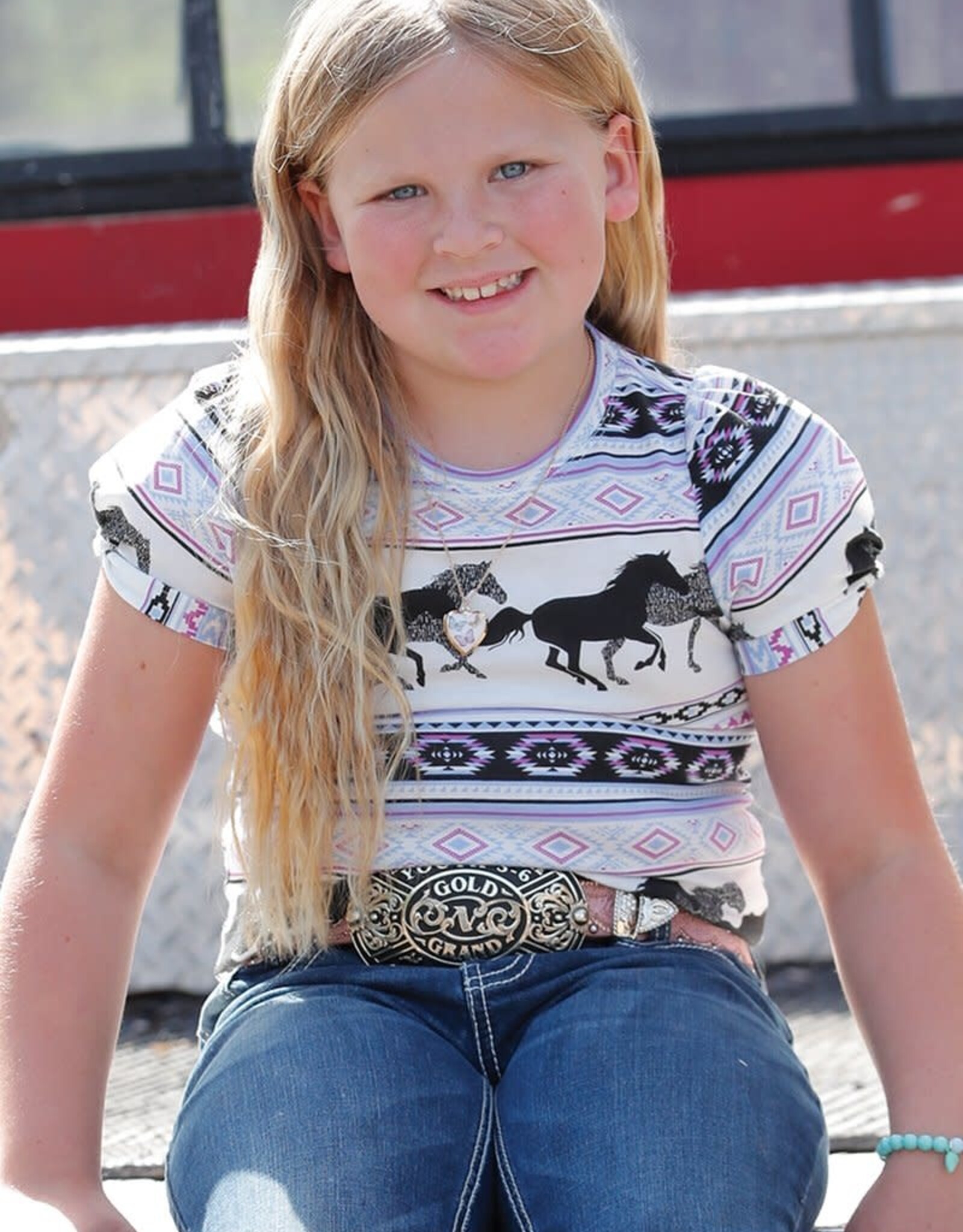 Cruel Girl Girls Running Horse Aztec Puff Short Sleeve Shirt