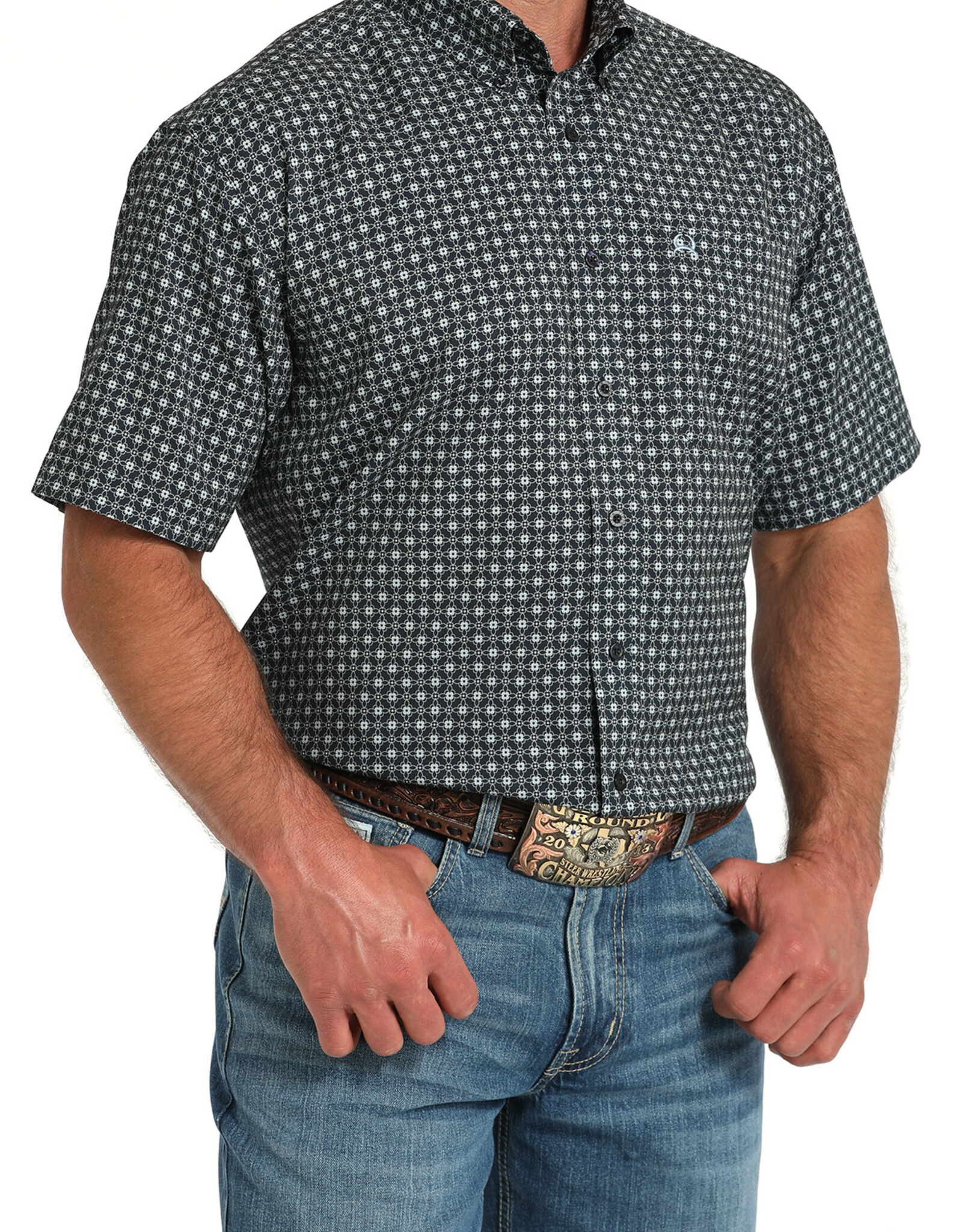 Cinch Mens Cinch Navy Print Short Sleeve Arena Flex Western Button Shirt