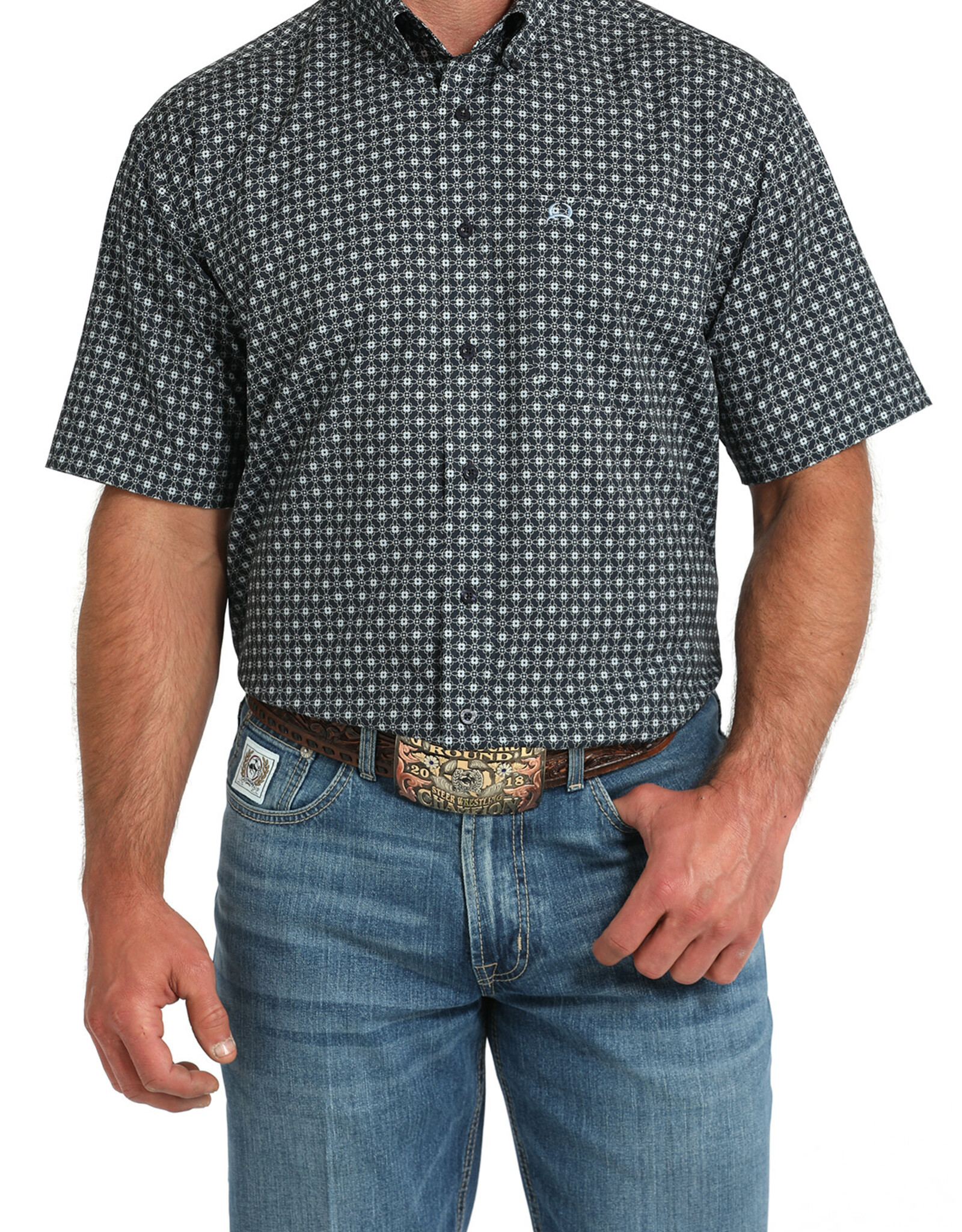 Cinch Mens Cinch Navy Print Short Sleeve Arena Flex Western Button Shirt