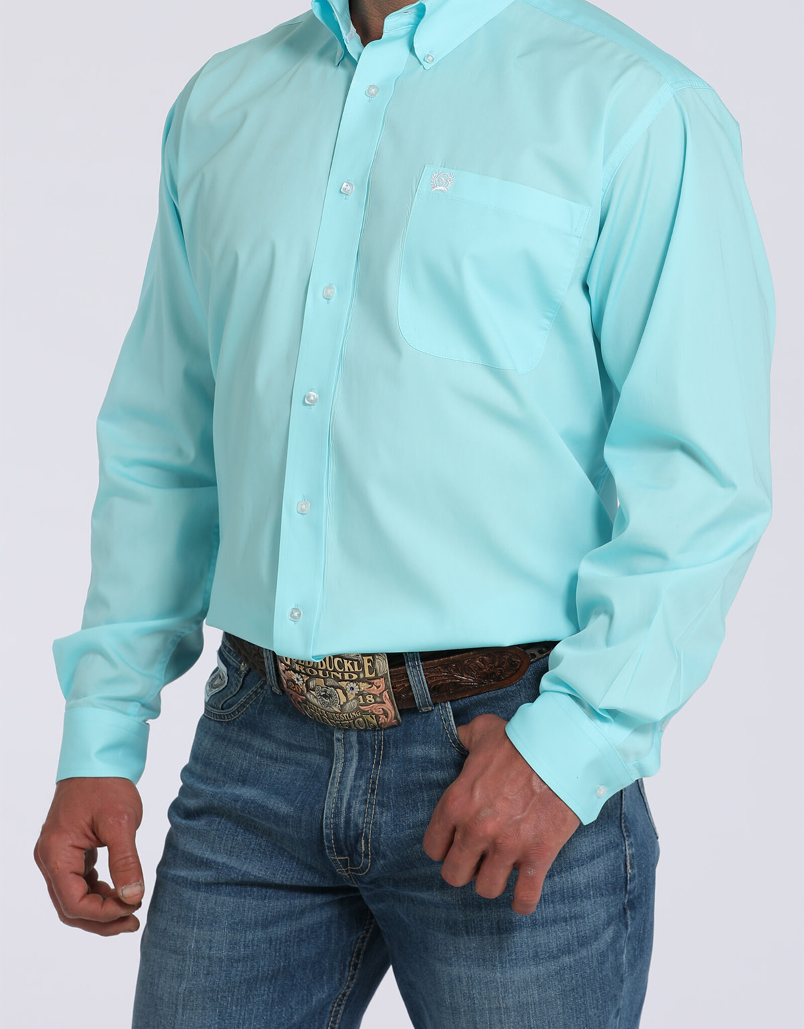 Cinch Mens Cinch Light Turquoise Solid Long Sleeve Western Button Arena Shirt