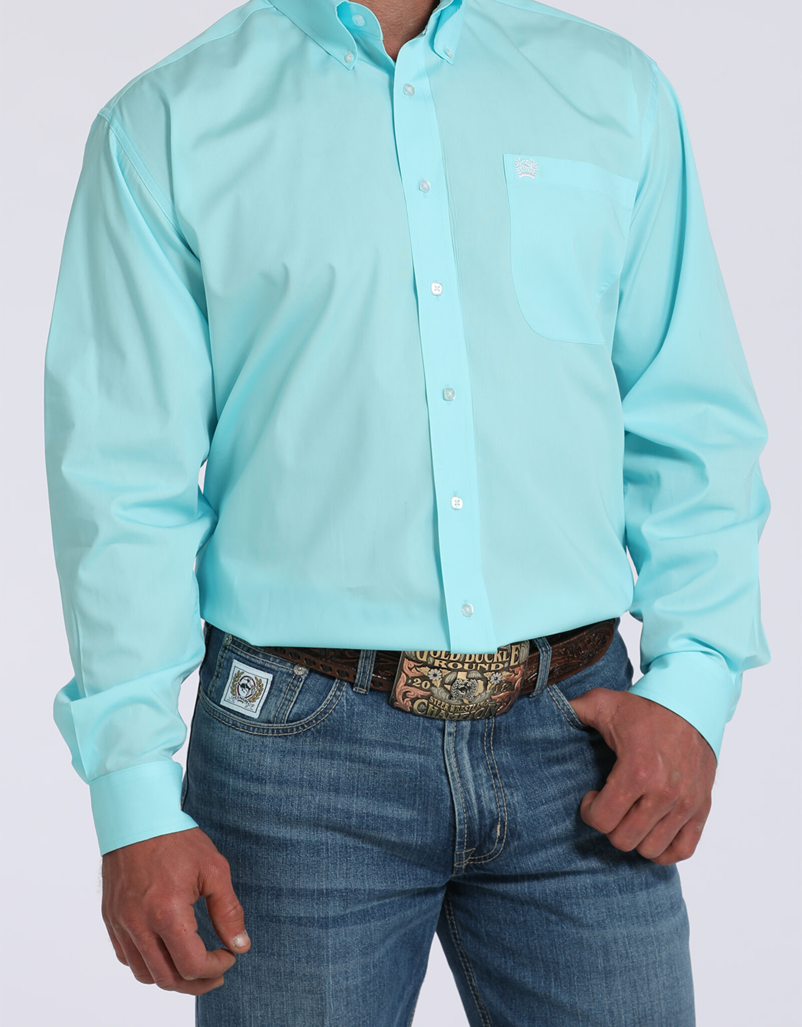 Cinch Mens Cinch Light Turquoise Solid Long Sleeve Western Button Arena Shirt