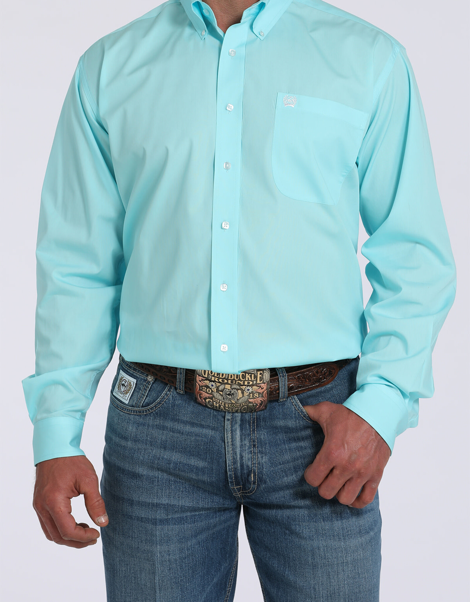 Cinch Mens Cinch Light Turquoise Solid Long Sleeve Western Button Arena Shirt