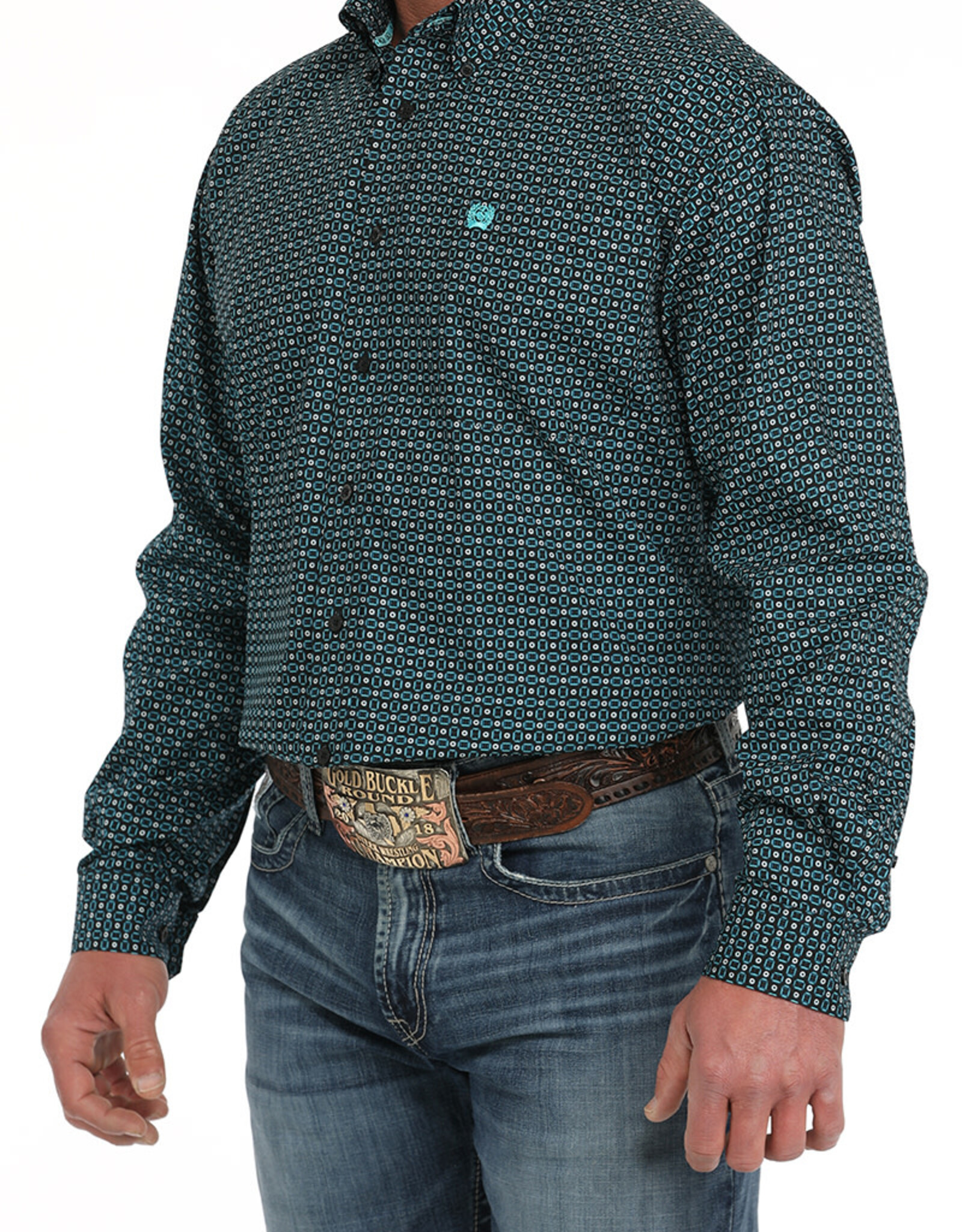 Cinch Mens Cinch Black Turquoise Print Long Sleeve Western Button Arena Shirt