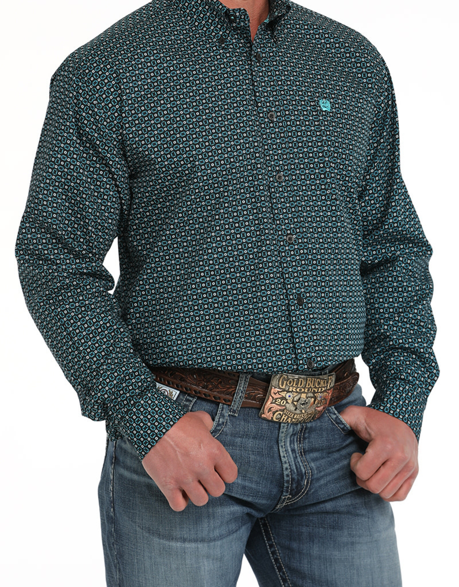 Cinch Mens Cinch Black Turquoise Print Long Sleeve Western Button Arena Shirt